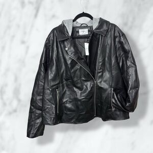 Rue21 Black Faux Leather Jacket with Gray Hood